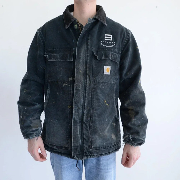 VTG 90S Carhartt Black With Paint Splatter's Distressed  Detroit Style Jacket - Picture 1 of 14